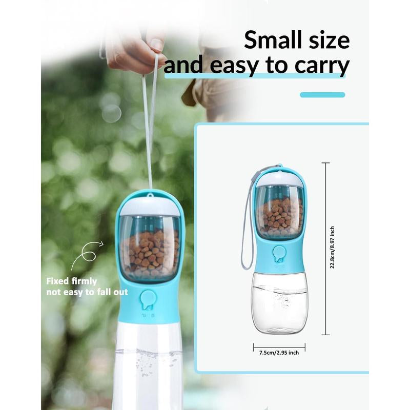 Water Bottle 2 in 1, Leak Proof Portable Pet Water Bottle with Food Container, Outdoor Portable Water Dispenser for Cat, Puppy for Walking, Hiking, Camping, Travel(10Oz Blue)