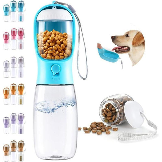 Water Bottle 2 in 1, Leak Proof Portable Pet Water Bottle with Food Container, Outdoor Portable Water Dispenser for Cat, Puppy for Walking, Hiking, Camping, Travel(10Oz Blue)