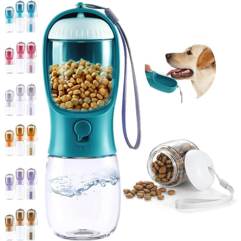 Water Bottle 2 in 1, Leak Proof Portable Pet Water Bottle with Food Container, Outdoor Portable Water Dispenser for Cat, Puppy for Walking, Hiking, Camping, Travel(10Oz Blue)