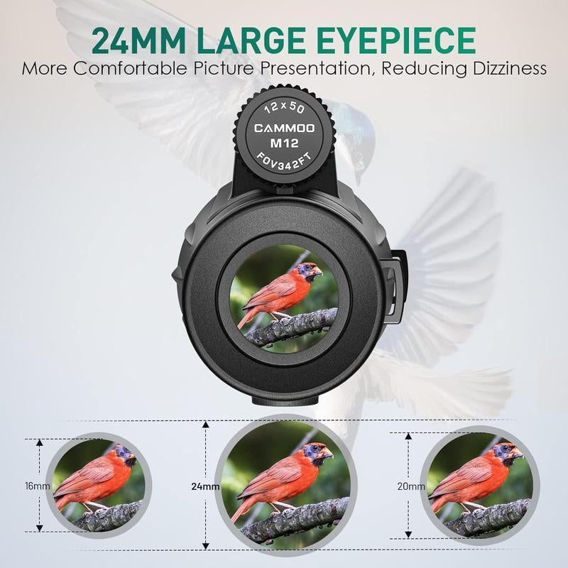 CAMMOO Monocular 24Mm Large Eyepiece, 12×50 High Power Monocular Telescope for Bird, Wildlife, Stars Watching, Camping, SMC Clear Low Light Vision, IPX7 Waterproof Monocular with Smartphone Adapter